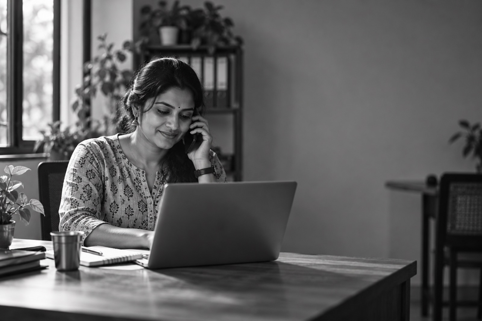 A recruiter in a small Pune office smiles while on a phone call, her laptop open in front of her.